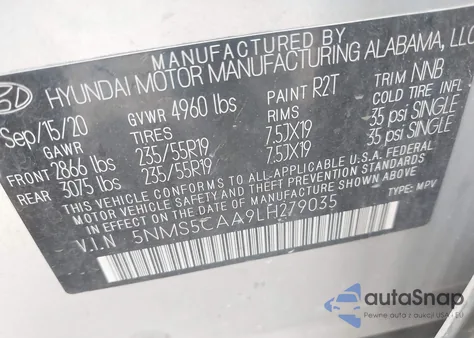 2020 Hyundai Santa Fe Limited 2.0T from USA, damaged, VIN 5NMS5CAA9LH279035